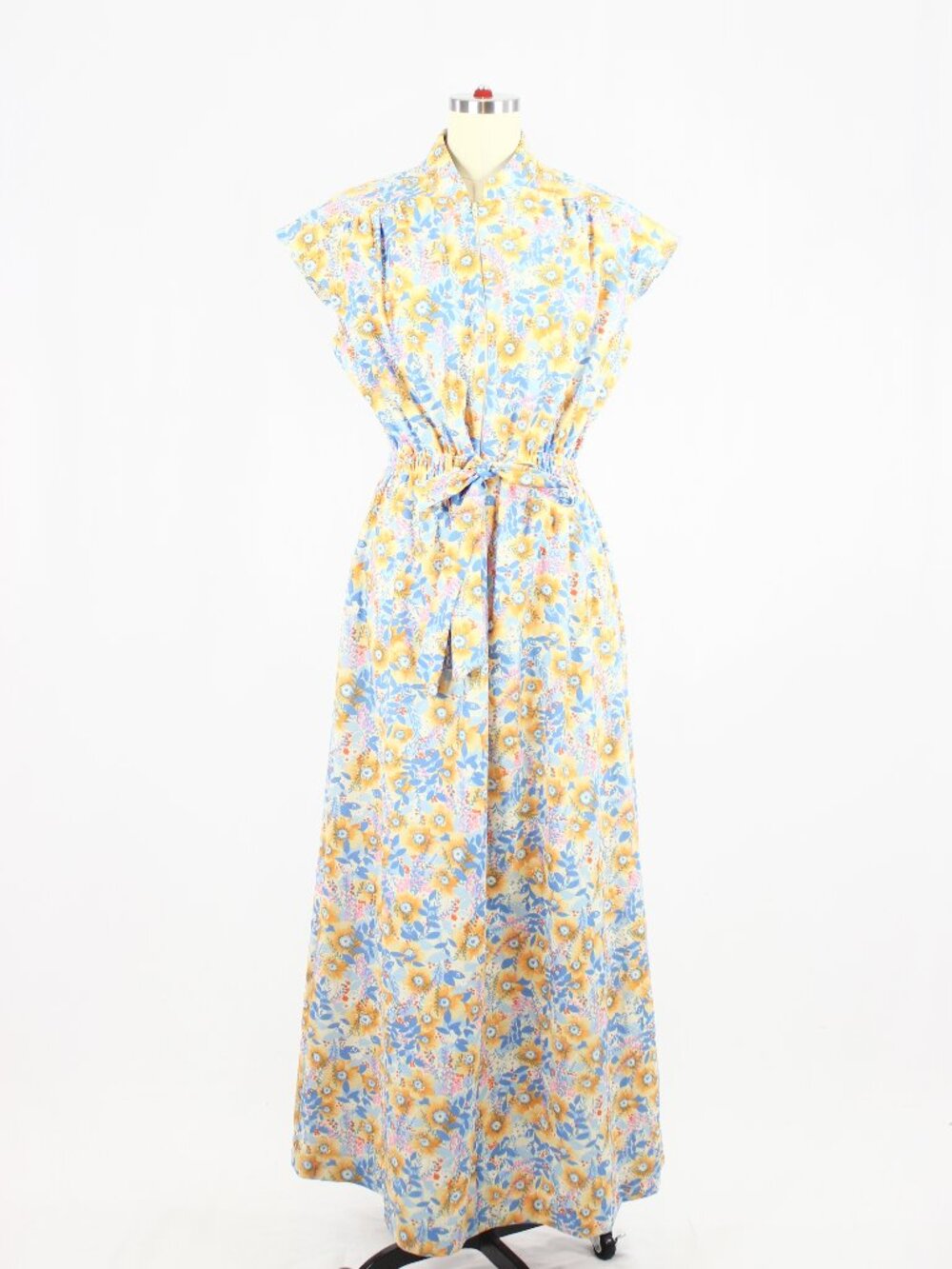 Vintage 70's CONRAD Retro Blue Orange Hippie Floral Belted Maxi Dress, Size L - Picture 1 of 11